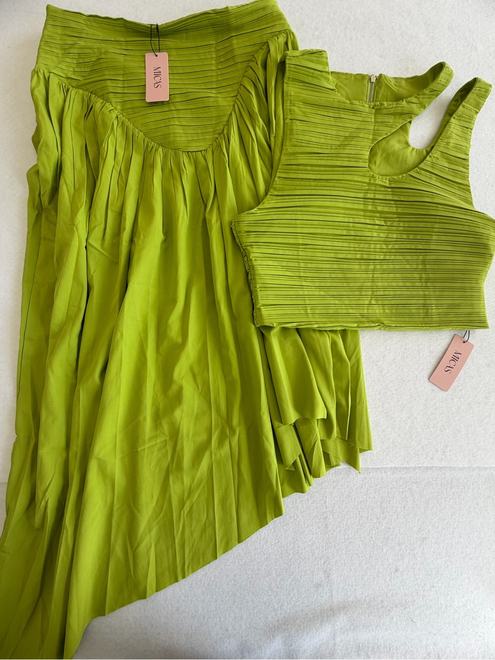 MICAS Lime Green Pleated Crop Top & Matching Skirt Set